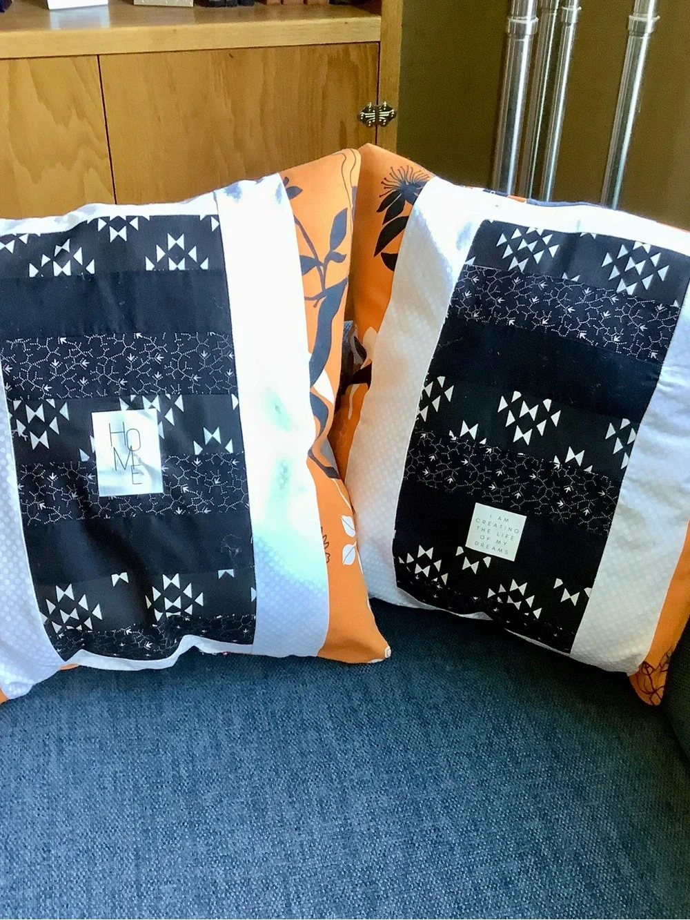 Hand Crafted Black, White and Orange Patchwork Accent Pillows